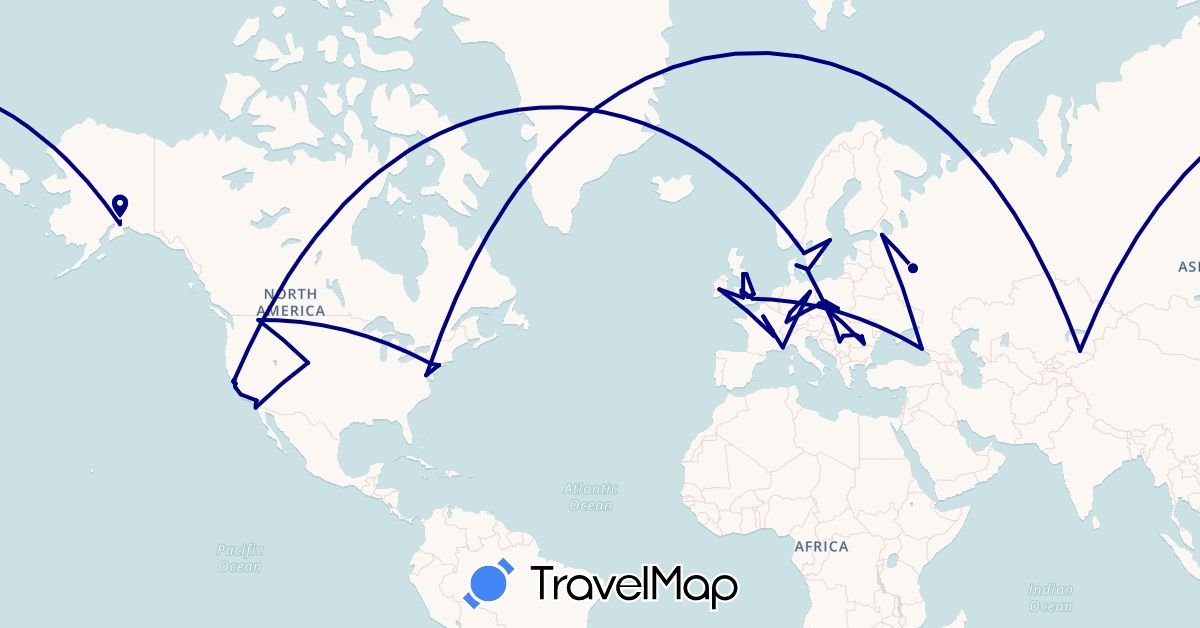 TravelMap itinerary: driving in Germany, Denmark, France, United Kingdom, Hungary, Ireland, Kazakhstan, Poland, Romania, Serbia, Russia, Sweden, United States (Asia, Europe, North America)